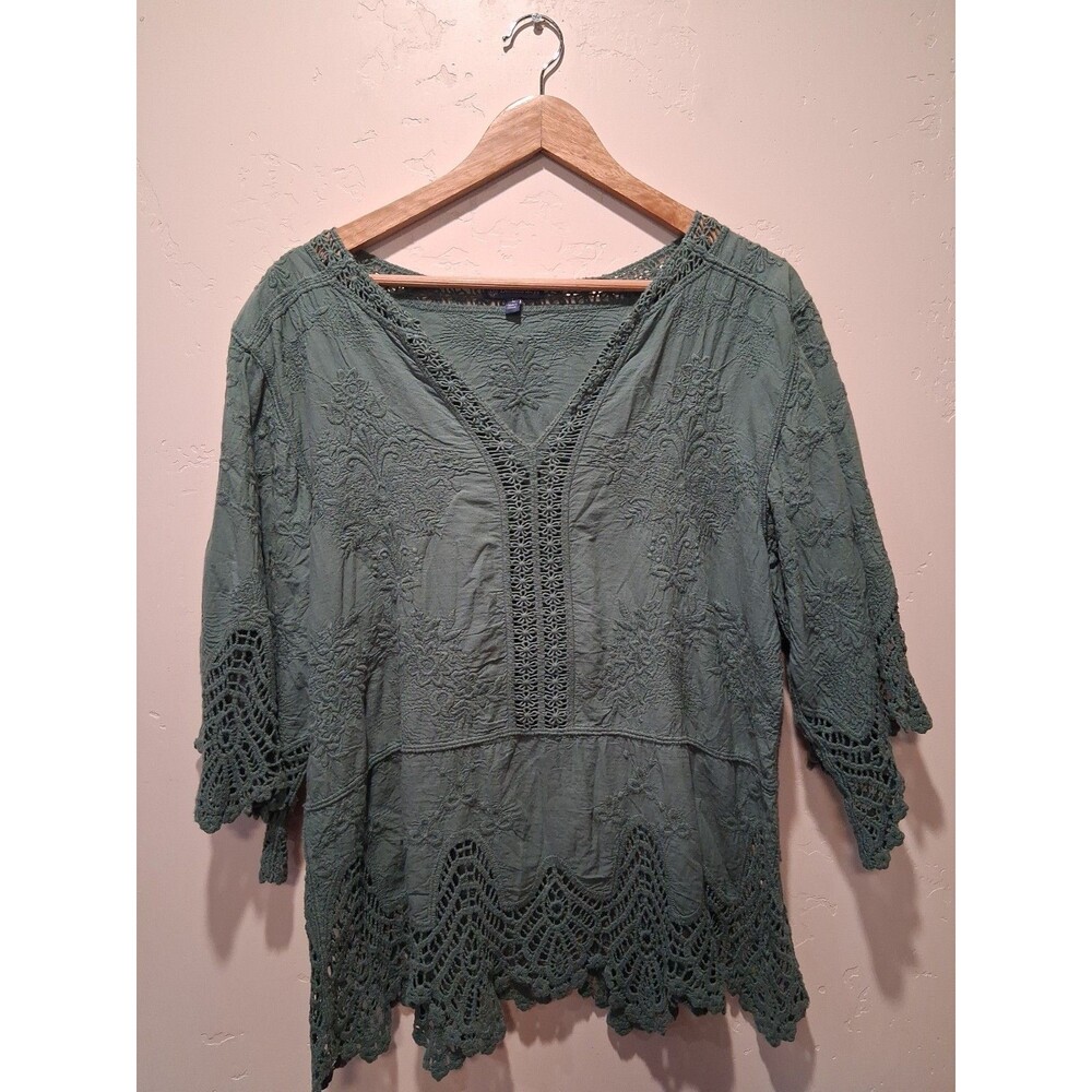 Democracy Women's Size L 3/4 Sleeve V-Notch Neck Peplum Crochet Woven Top Teal